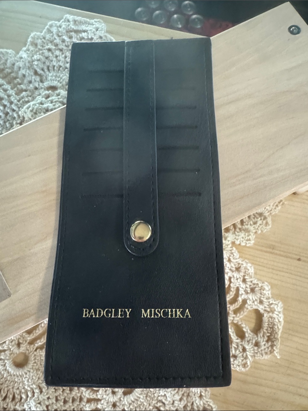 Badgley Mischka Black Leather Snap Card Holder with Gold Logo